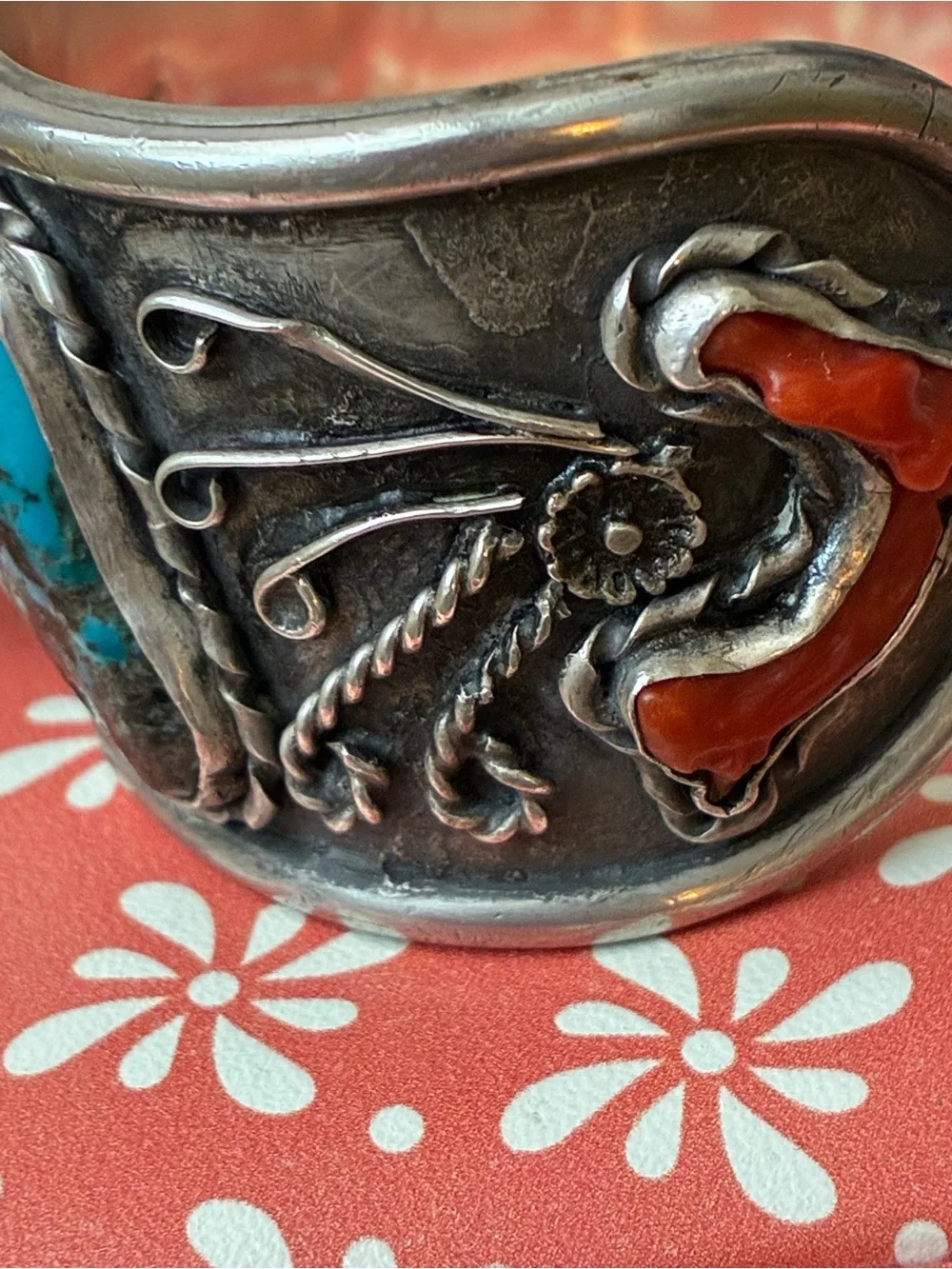 Sterling Silver Cuff Watch Band with Turquoise and Coral Accents